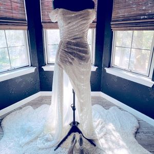 Custom Sparkling Sequin Ivory Off Shoulder Gown with High Slit size US 8